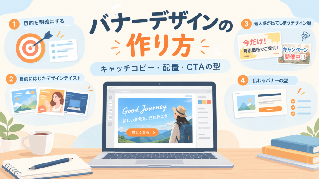 バナーデザインの作り方のアイキャッチ画像。目的の明確化・デザインテイスト・NG例・伝わるバナーの型の4つのポイント