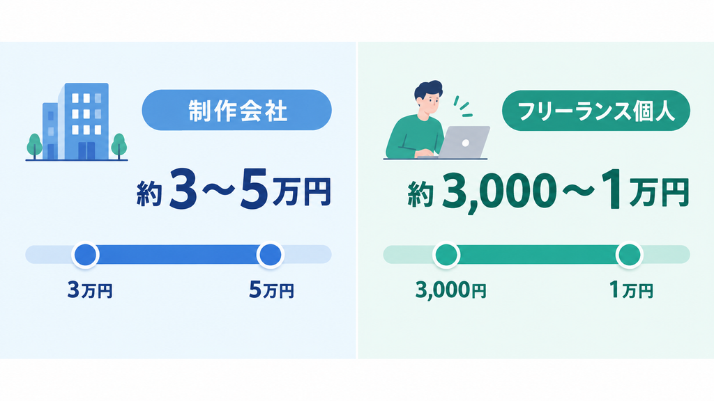 バナー制作の費用相場比較。制作会社は約3〜5万円、フリーランス個人は約3,000〜1万円