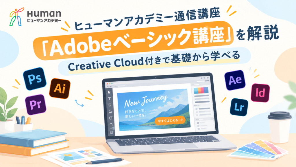 ヒューマンアカデミー通信講座「Adobeベーシック講座」解説記事のアイキャッチ画像。ノートパソコンとAdobe Creative Cloudの各アプリのアイコン