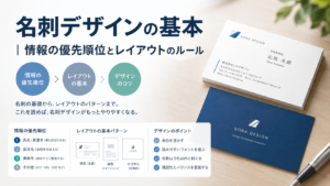 名刺デザインの基本のアイキャッチ画像。情報の優先順位・レイアウトの基本パターン・デザインのポイントと名刺の見本