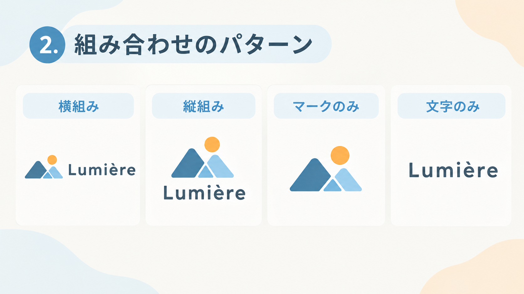 ロゴの横組み・縦組み・マークのみ・文字のみのパターン例