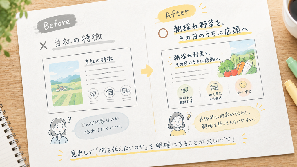 パンフレットの見出しのBefore/After。「当社の特徴」から中身が伝わる一文への改善例