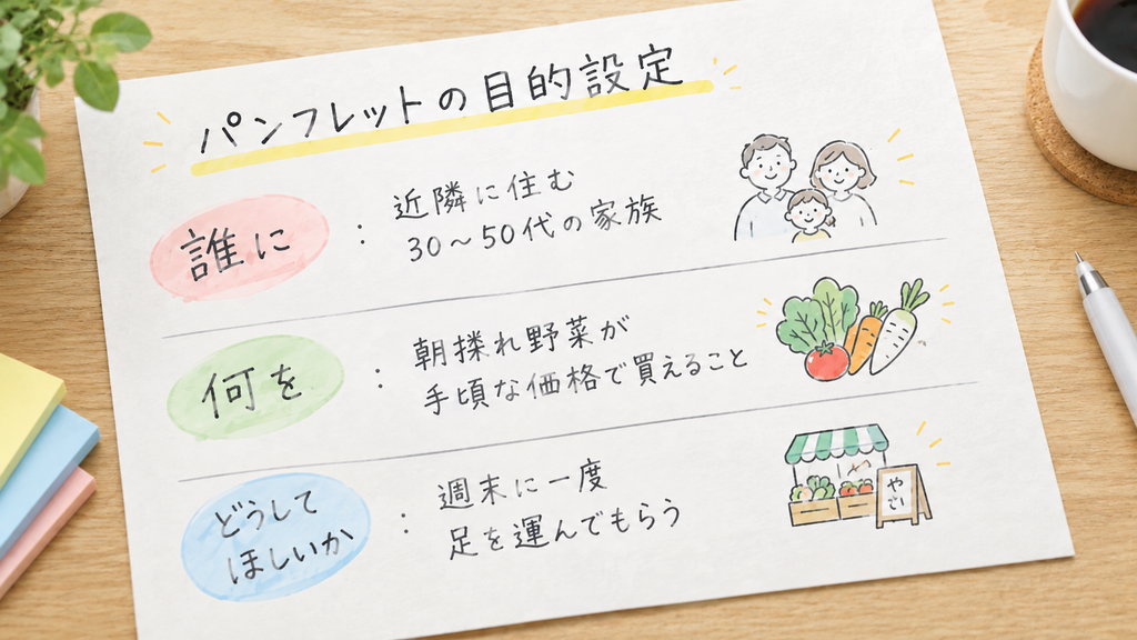 パンフレットの目的設定メモ。誰に・何を・どうしてほしいかを1行ずつ書いた例