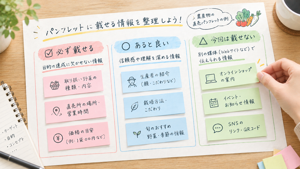 パンフレットに載せる情報を「必ず載せる・あると良い・今回は載せない」に仕分けた例